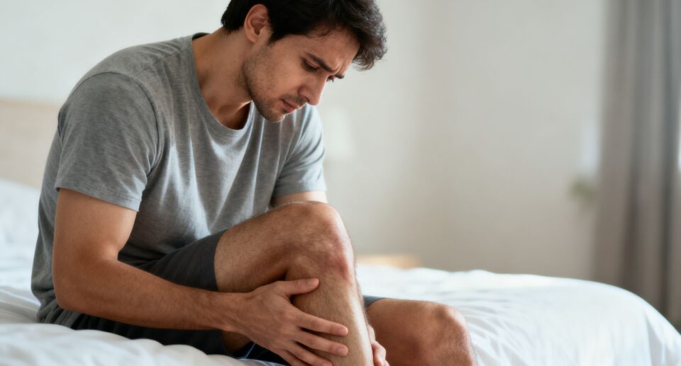 Man experiencing post-exercise thigh soreness in soft morning light.