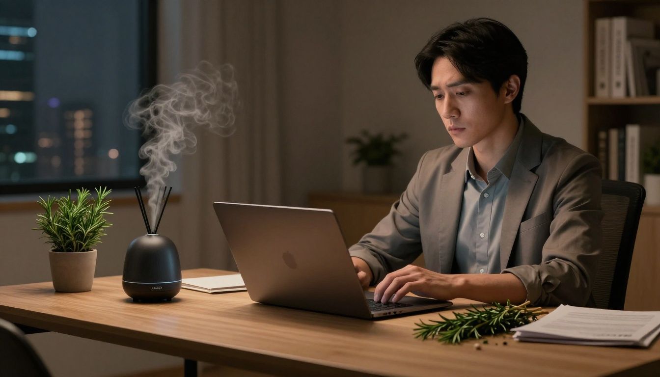 Office worker using rosemary essential oil diffuser at home at night.