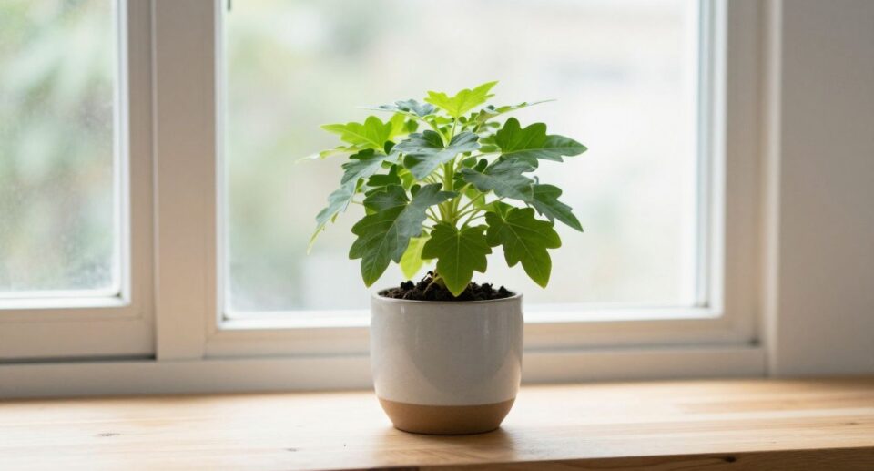 A minimalist shot of a fresh Plectranthus amboinicus (Indian Borage) plant in a simple ceramic pot, placed on a wooden windowsill in a bright, airy Hong Kong apartment.