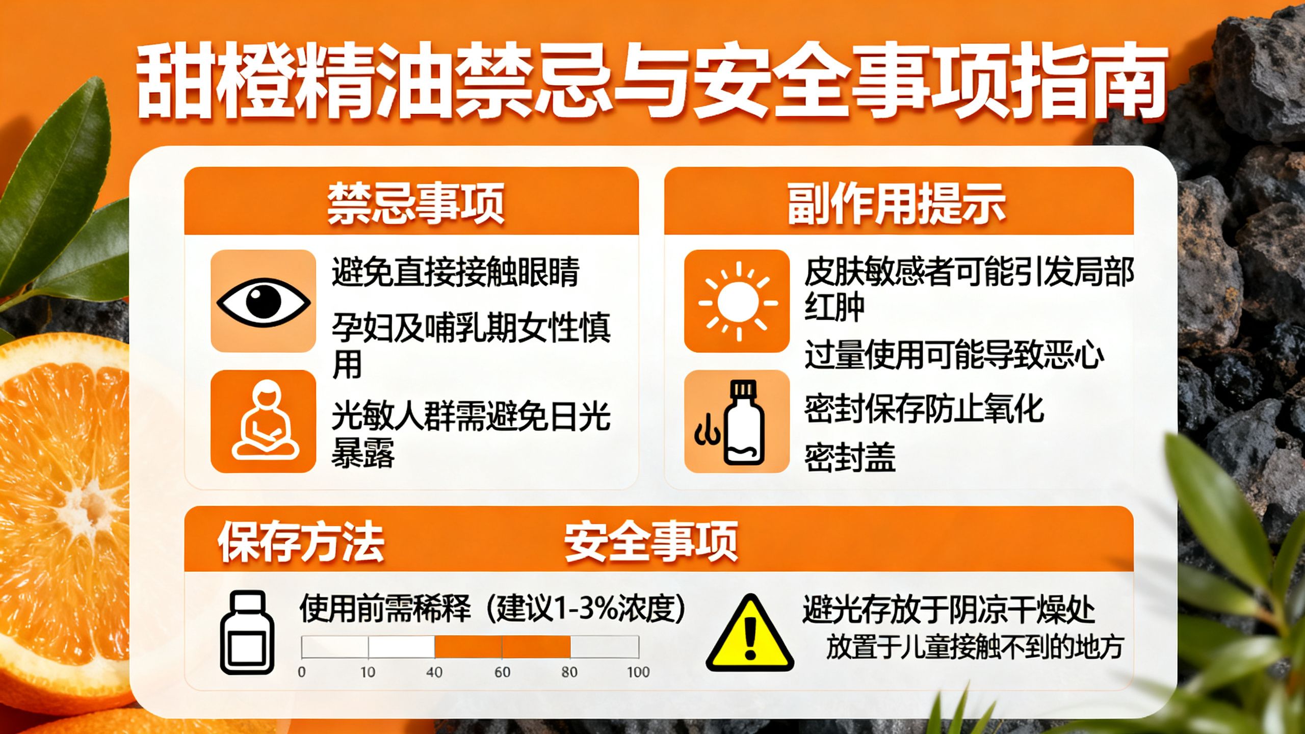 甜橙精油禁忌與甜橙精油副作用的保存與安全事項