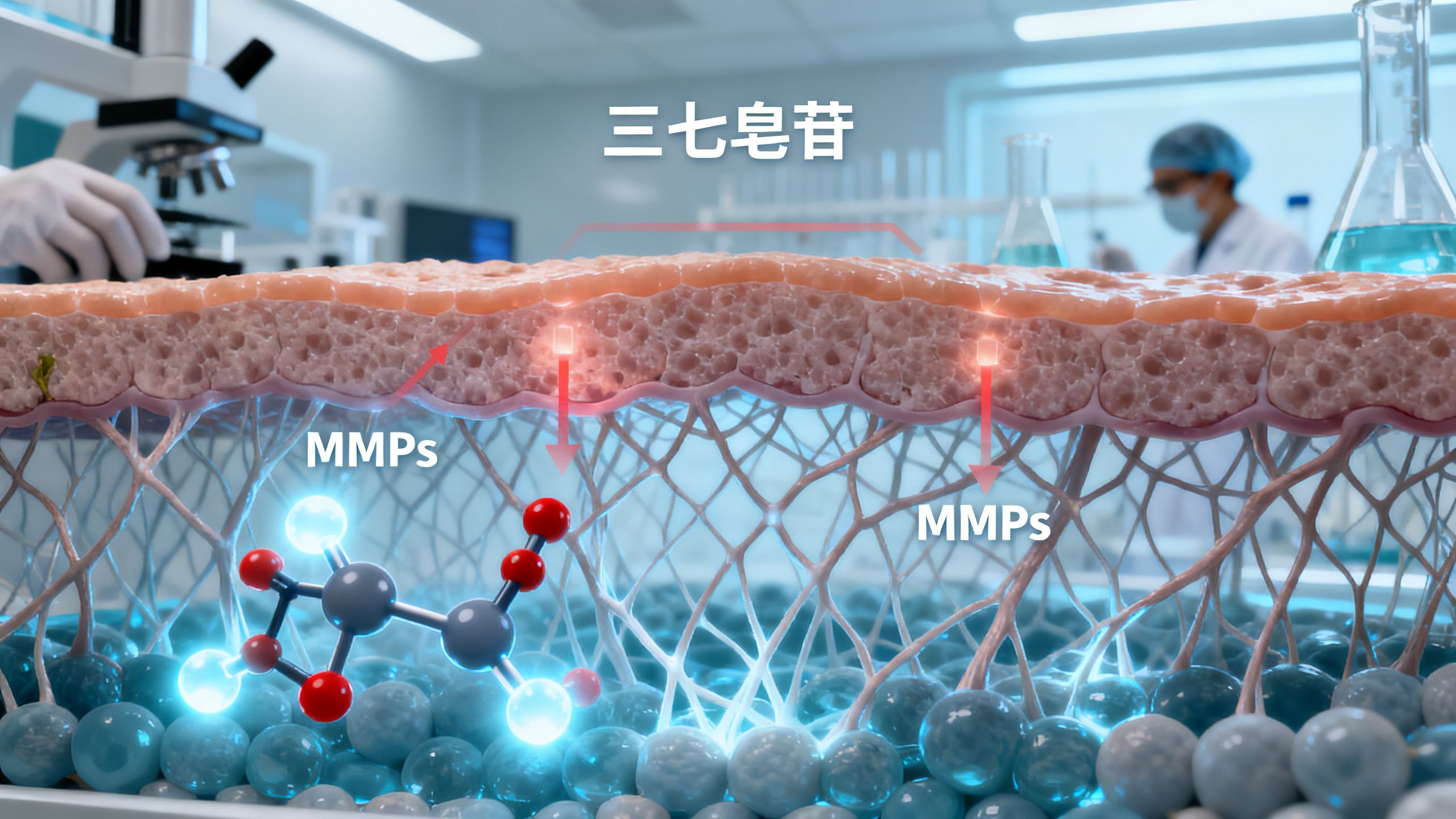 真皮層膠原纖維網與三七皂苷分子