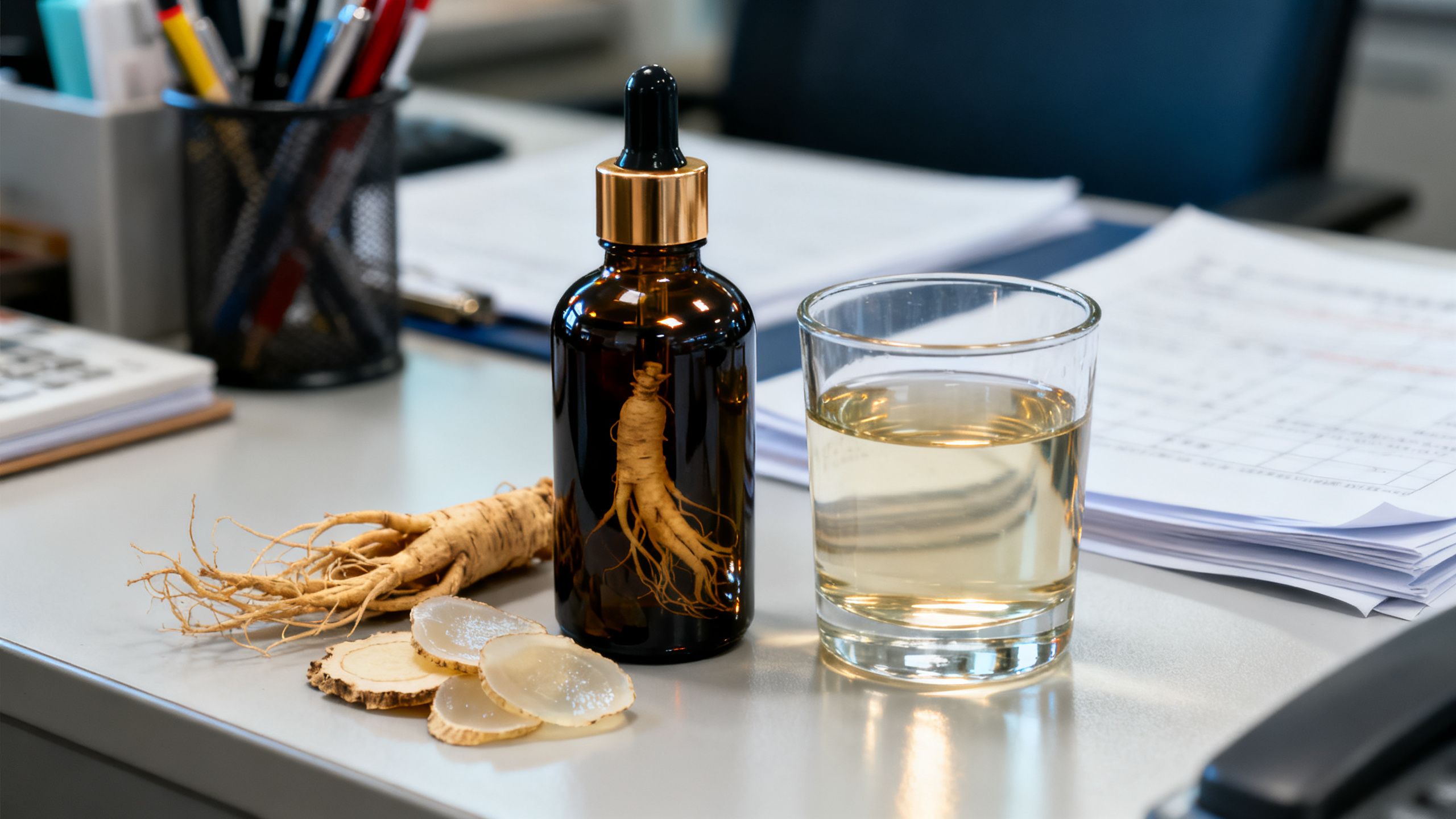 深色玻璃人參精華瓶、切片人參根與一杯無糖人參茶置於香港辦公桌上的紀實靜物攝影