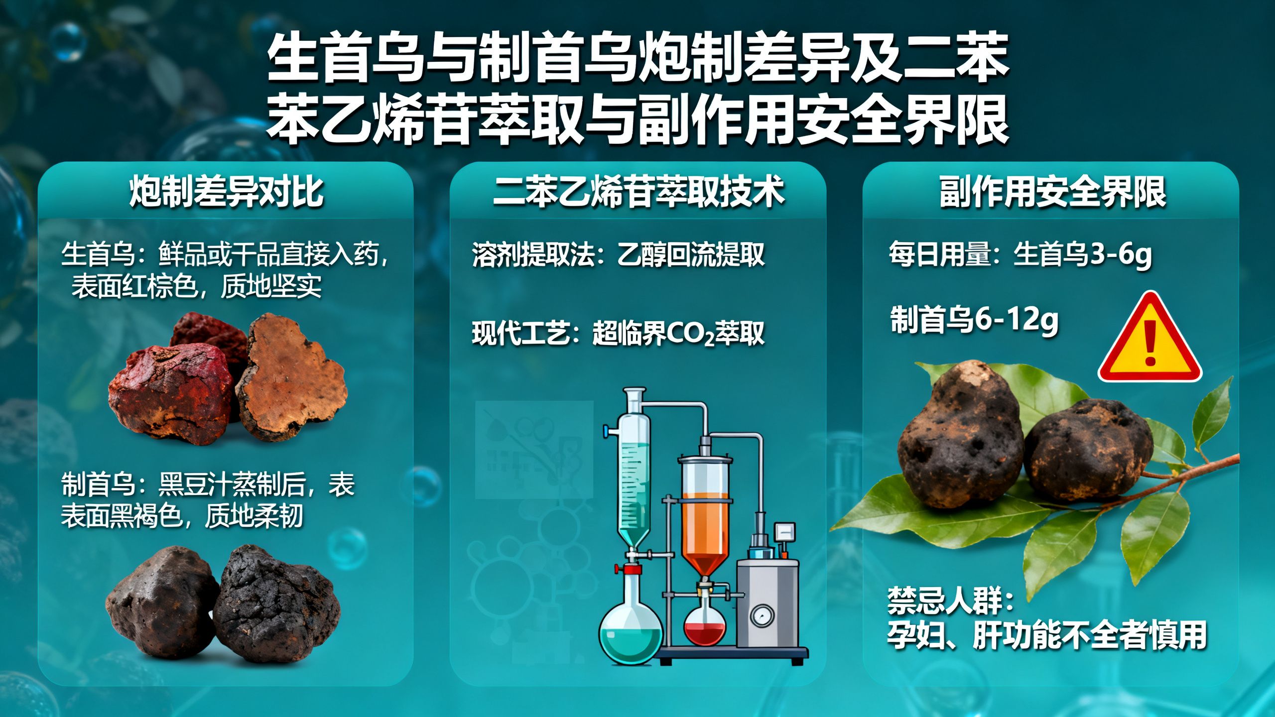 生首烏與製首烏的炮製差異、二苯乙烯苷萃取與何首烏副作用安全界限