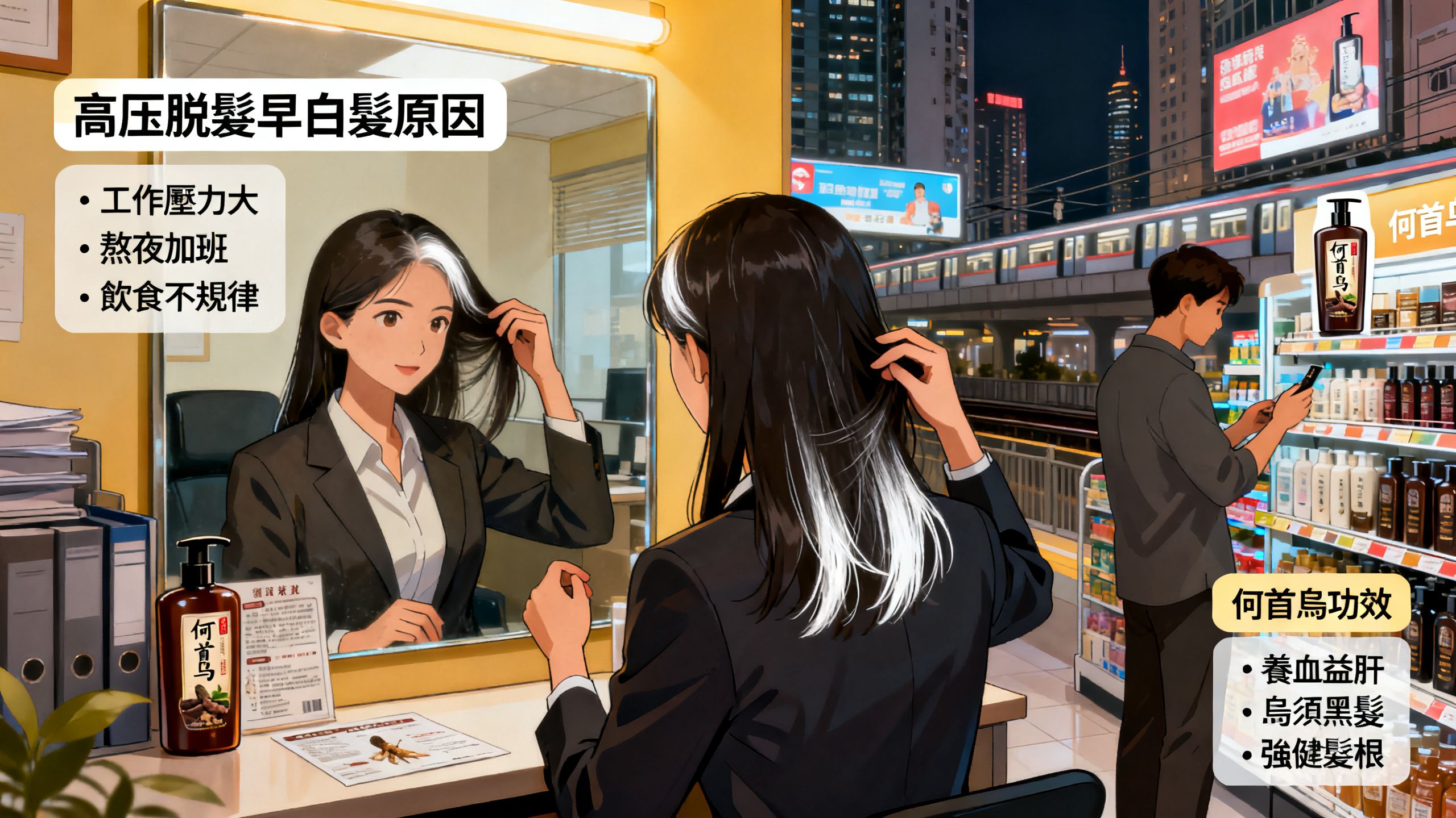 香港都市人面對高壓脫髮、早白髮原因與尋求何首烏功效的日常場景