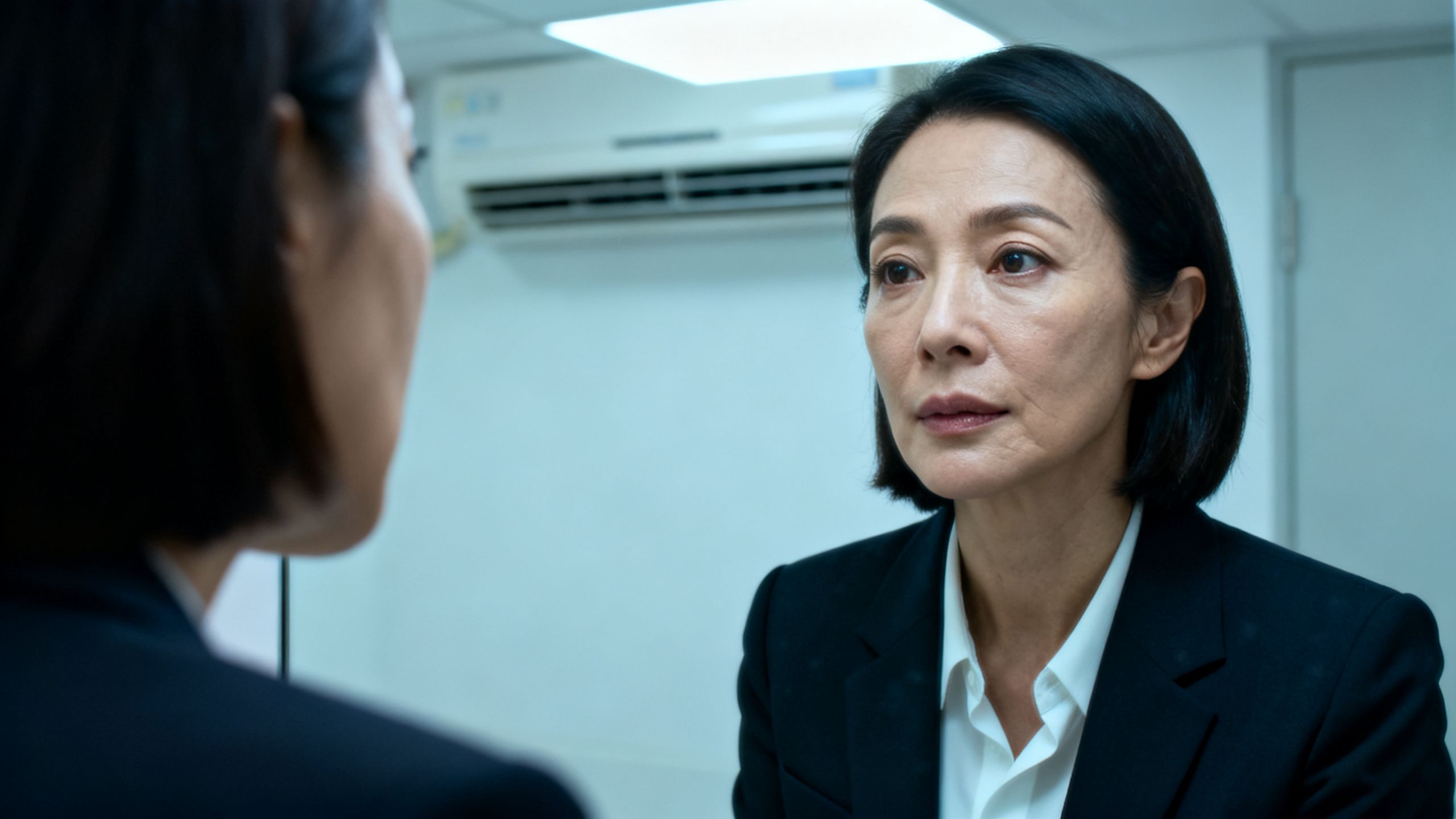 香港都市女性在冷氣房後於鏡前觀察乾紋、眼角紋與法令紋，保留真實皮膚質感的紀實攝影