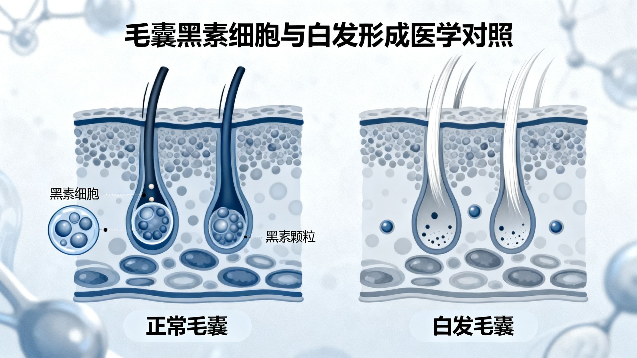 毛囊黑素細胞與已形成白髮的醫學對照